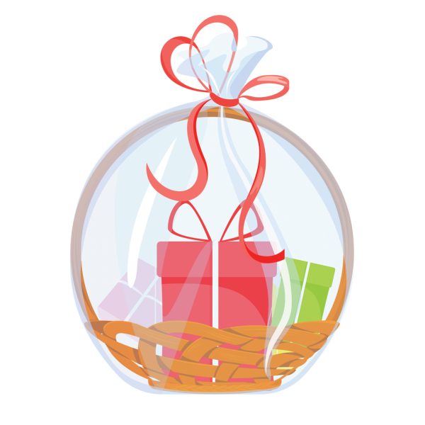 Gift basket. Holiday celebration present with bow ribbon and surprise box. Vector illustration